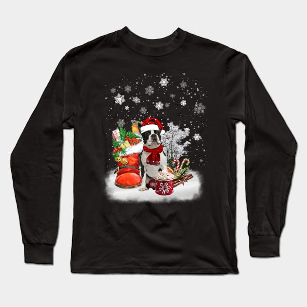 Winter Cup Santa Black Boston Terrier Merry Christmas Long Sleeve T-Shirt by cogemma.art